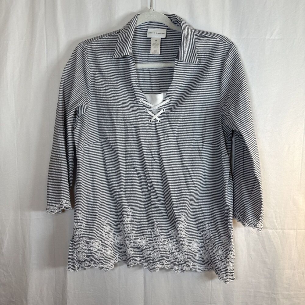 Alfred Dunner Striped Top Size 10 Blue White Embroidered Trim 3/4 Sleeve